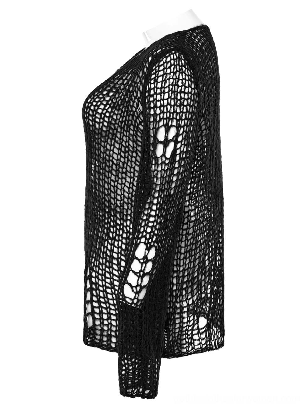 Side view of black mesh knit gothic sweater on clothing mannequin, showing slim long sleeves, open crocheted mesh texture, and semi-transparent fabric construction