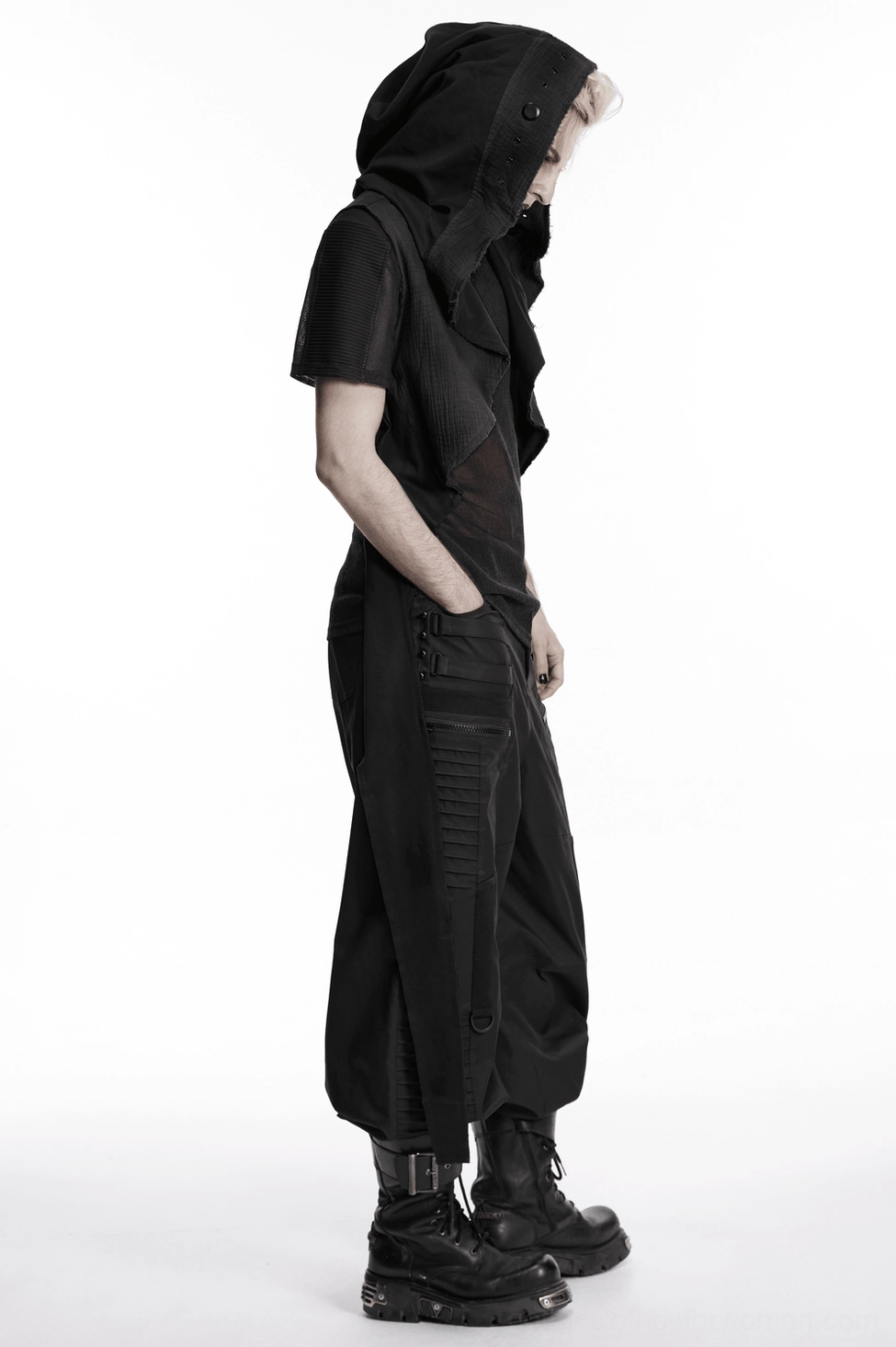 Black distressed hooded cape vest alternative fashion piece on mannequin, open back and draped side panels detail