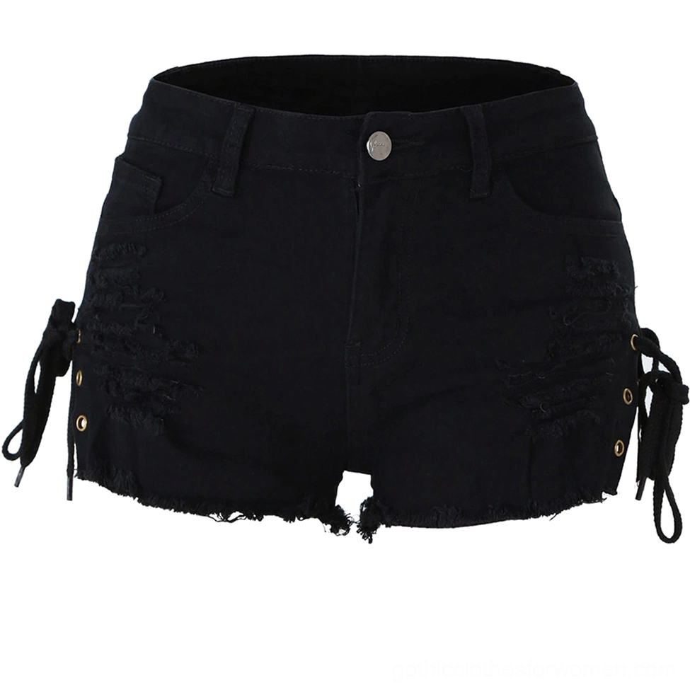 Black high-waist mini denim shorts with side lace-up design and frayed distressed details, front studio shot