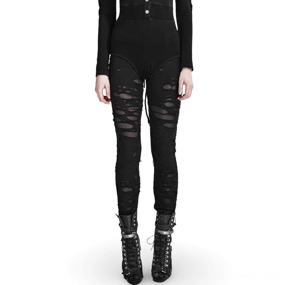 Black distressed mesh panel gothic leggings front full-body view on model in studio