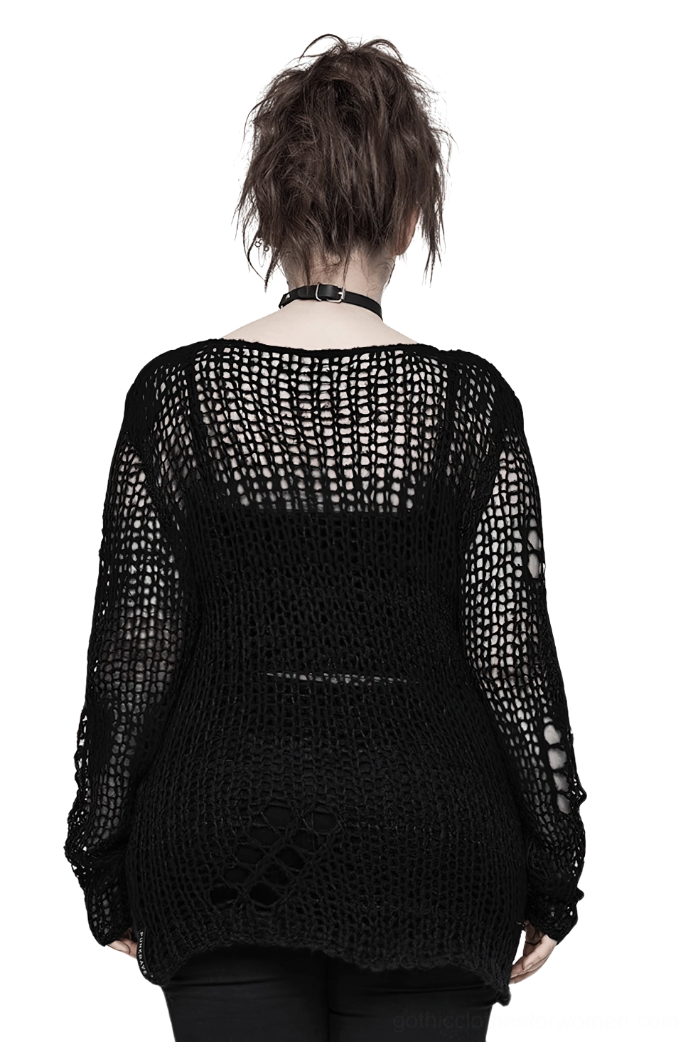 Rear view of black distressed gothic mesh sweater, displaying open crocheted fabric texture, lower back distressed cutout details, and semi-sheer weave construction
