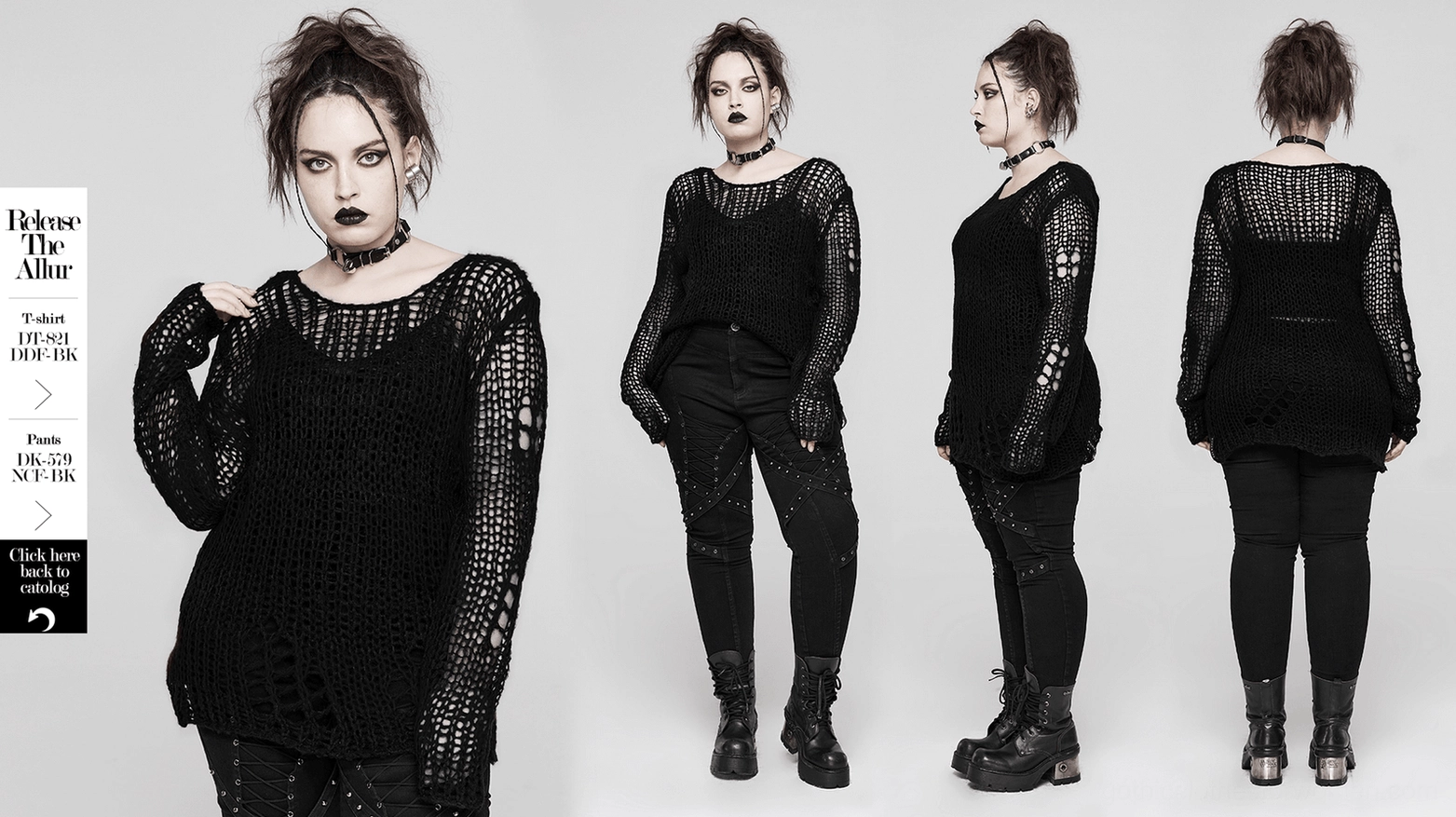 Black distressed mohair gothic pullover sweater flat lay front view showing complete garment, round neckline, long sleeves, and irregular distressed hole details
