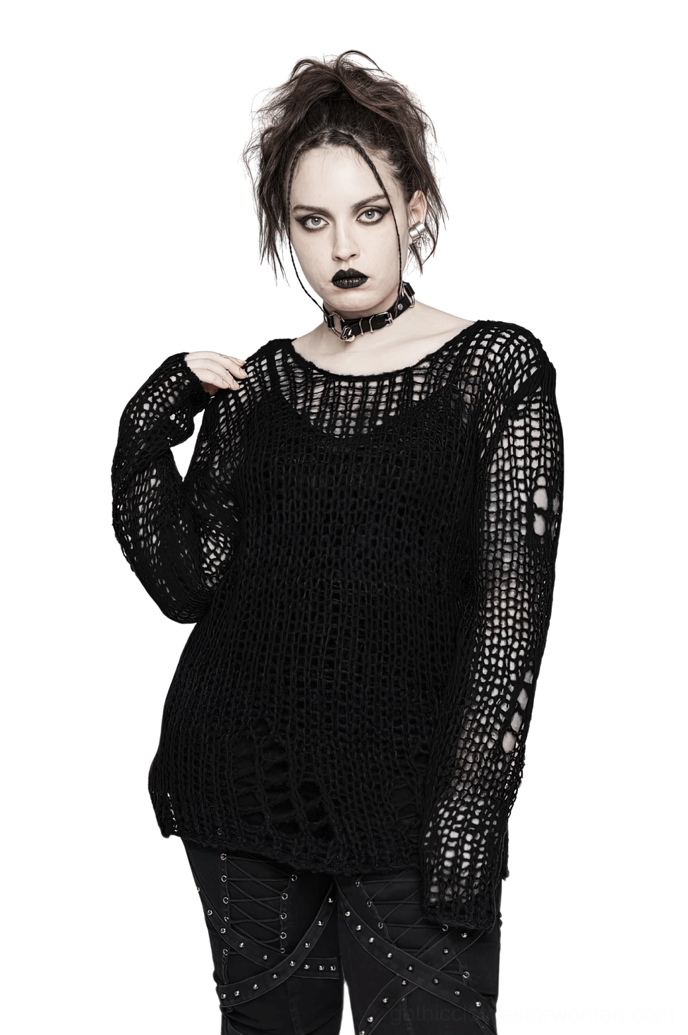 Black distressed mohair gothic pullover sweater front three-quarter view, showing round neckline, long sleeves, and irregular mesh cutouts, displayed on female punk model against white studio background