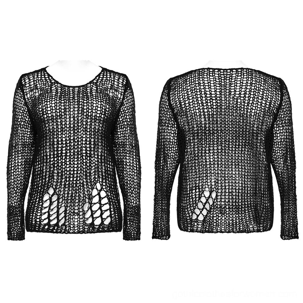 Black distressed mohair gothic pullover sweater displayed on front and rear clothing mannequins, showing overall silhouette, open weave texture, and placement of distressed cutouts