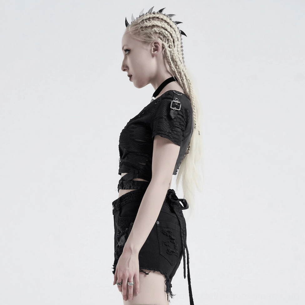 Black distressed v-neck crop top with ripped mesh panels worn on model from front angle view