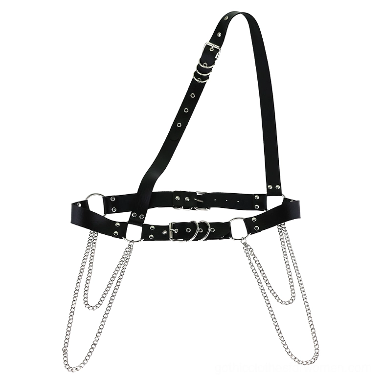 Black PU leather waist shoulder chain harness with double side hanging chains and metal buckles