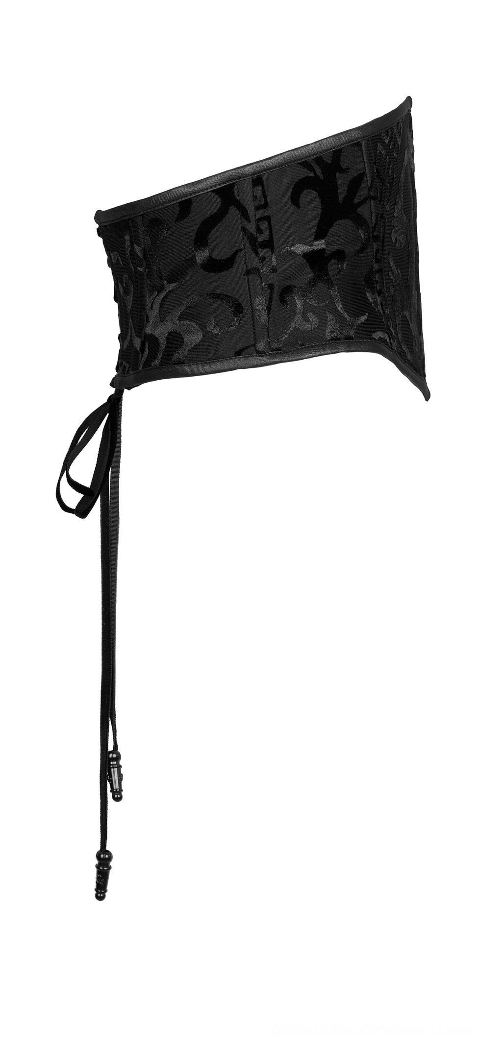 Side profile flat lay of black dragon corset belt showing slender curved form and lace-up drawstring detail