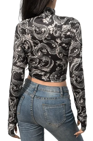 Black dragon gothic crop top back view showing cropped hem and long sleeves with thumb holes