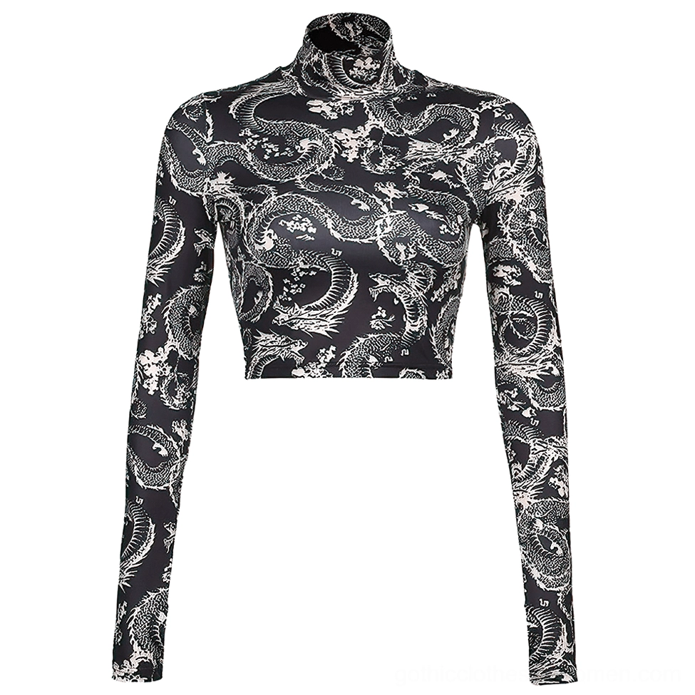 Black gothic crop top with white dragon print flat lay - detailed view of dragon graphic and turtleneck collar