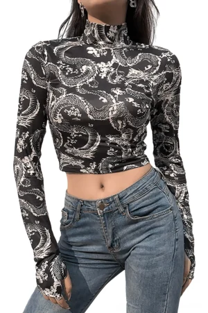 Black dragon printed gothic crop top with thumb hole cuffs - front three-quarter view on female model in studio