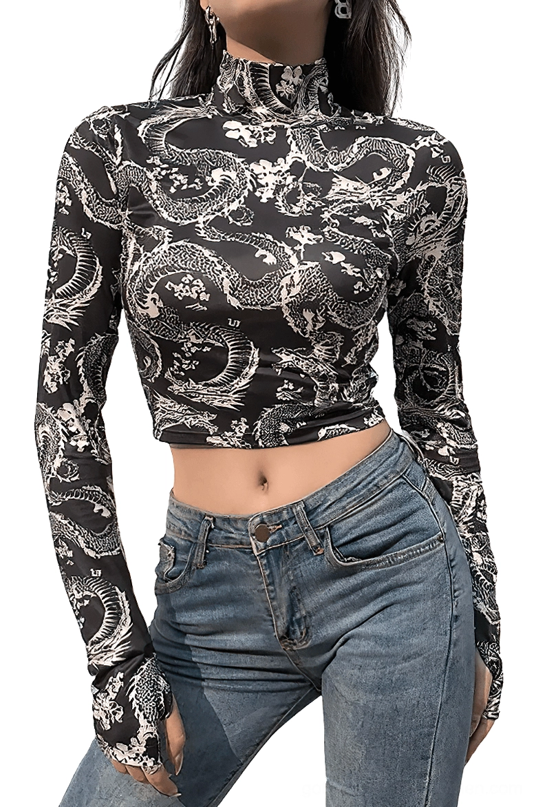 Black dragon printed gothic crop top with thumb hole cuffs - front three-quarter view on female model in studio
