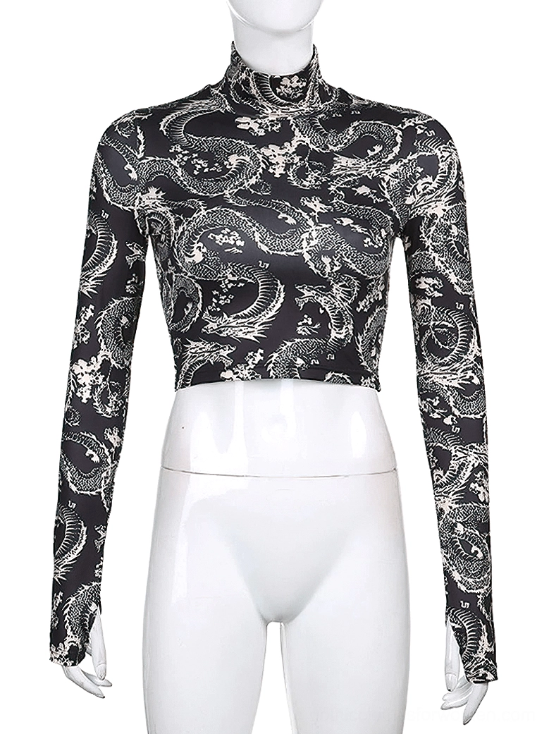 Black dragon gothic crop top displayed on female mannequin showing slim fit and cropped silhouette