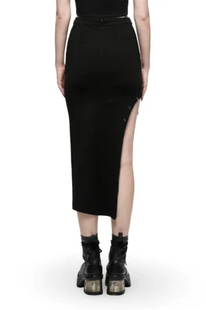 Rear view of black asymmetric gothic skirt with metal eyelet trims and side chain accents