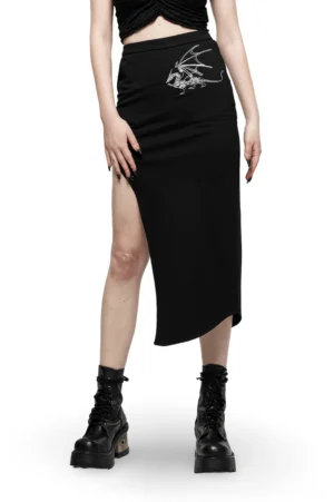 Black dragon embroidered gothic asymmetric midi skirt front view with silver-thread dragon design and high side slit