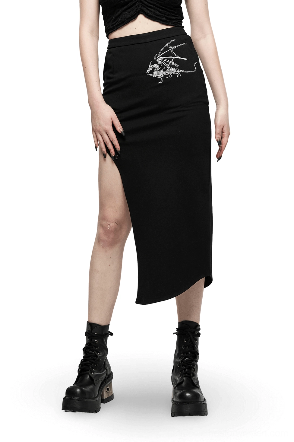 Black dragon embroidered gothic asymmetric midi skirt front view with silver-thread dragon design and high side slit