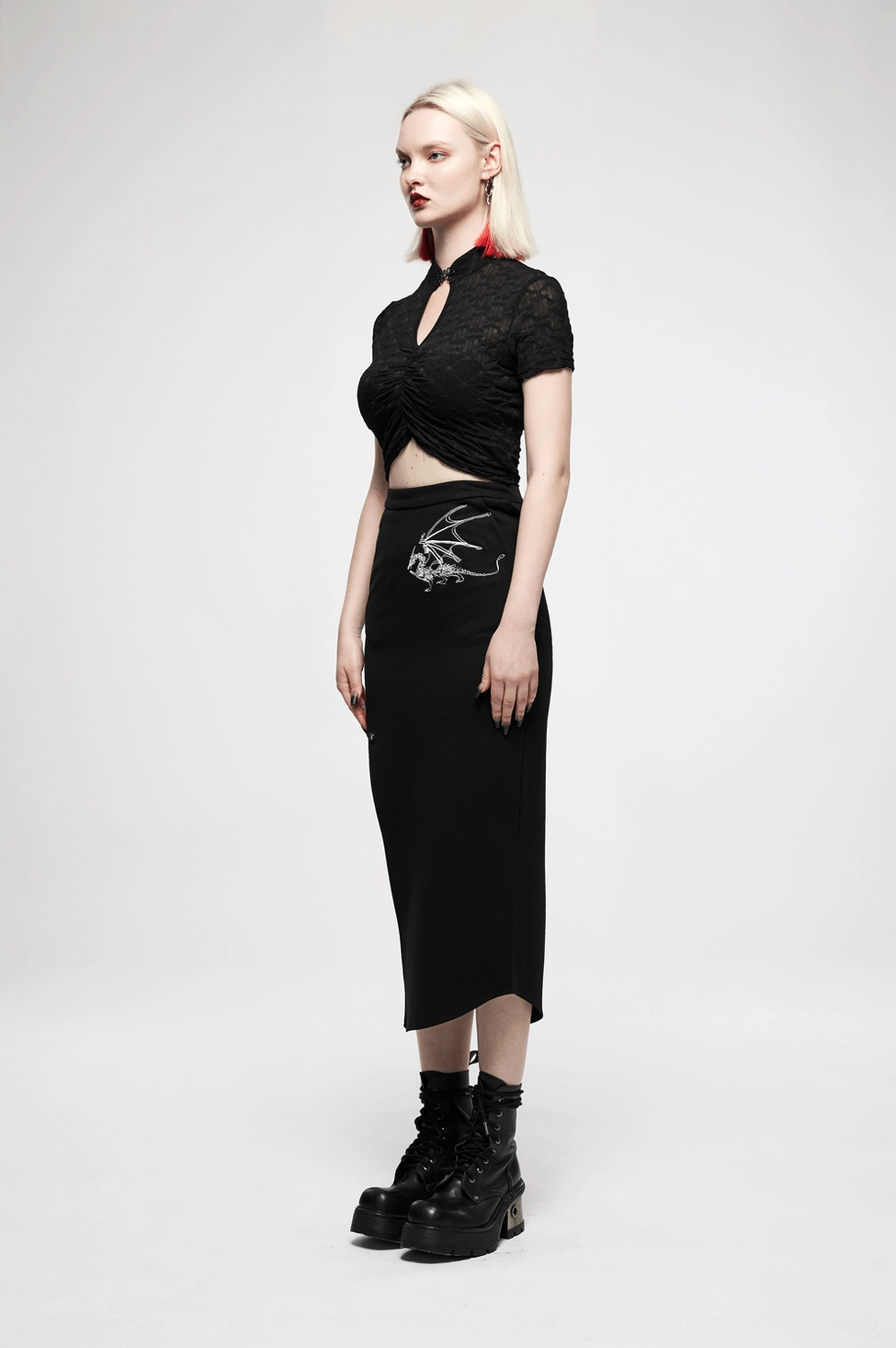 Black gothic asymmetric midi skirt with dragon embroidery front full-length portrait view