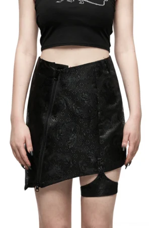 Black dragon jacquard asymmetrical gothic skirt front view on model, showcasing fitted silhouette and V-shaped waistline with detachable thigh garter strap