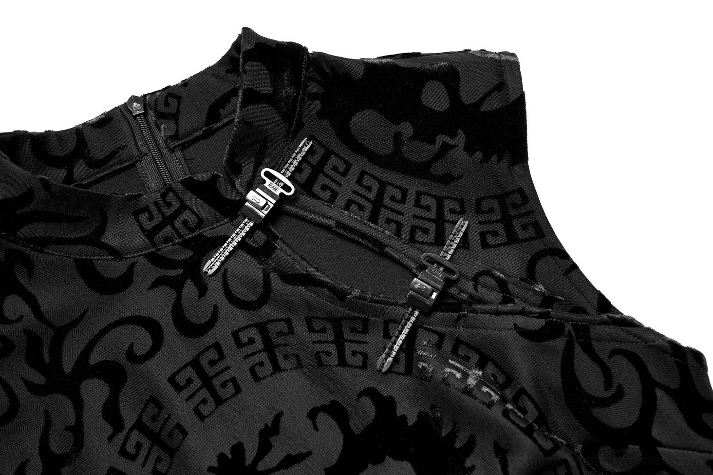 Black dragon velvet gothic mini dress close-up stand collar and dual metal zippers