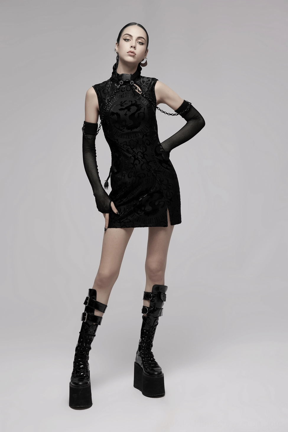 Black dragon velvet gothic mini dress complete outfit dark fashion look