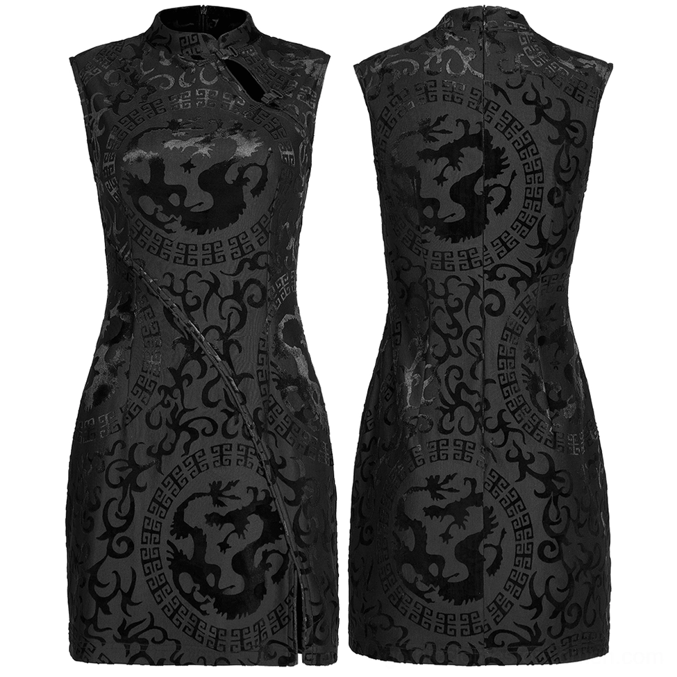 Black dragon velvet gothic mini dress front and back flat lay product shot