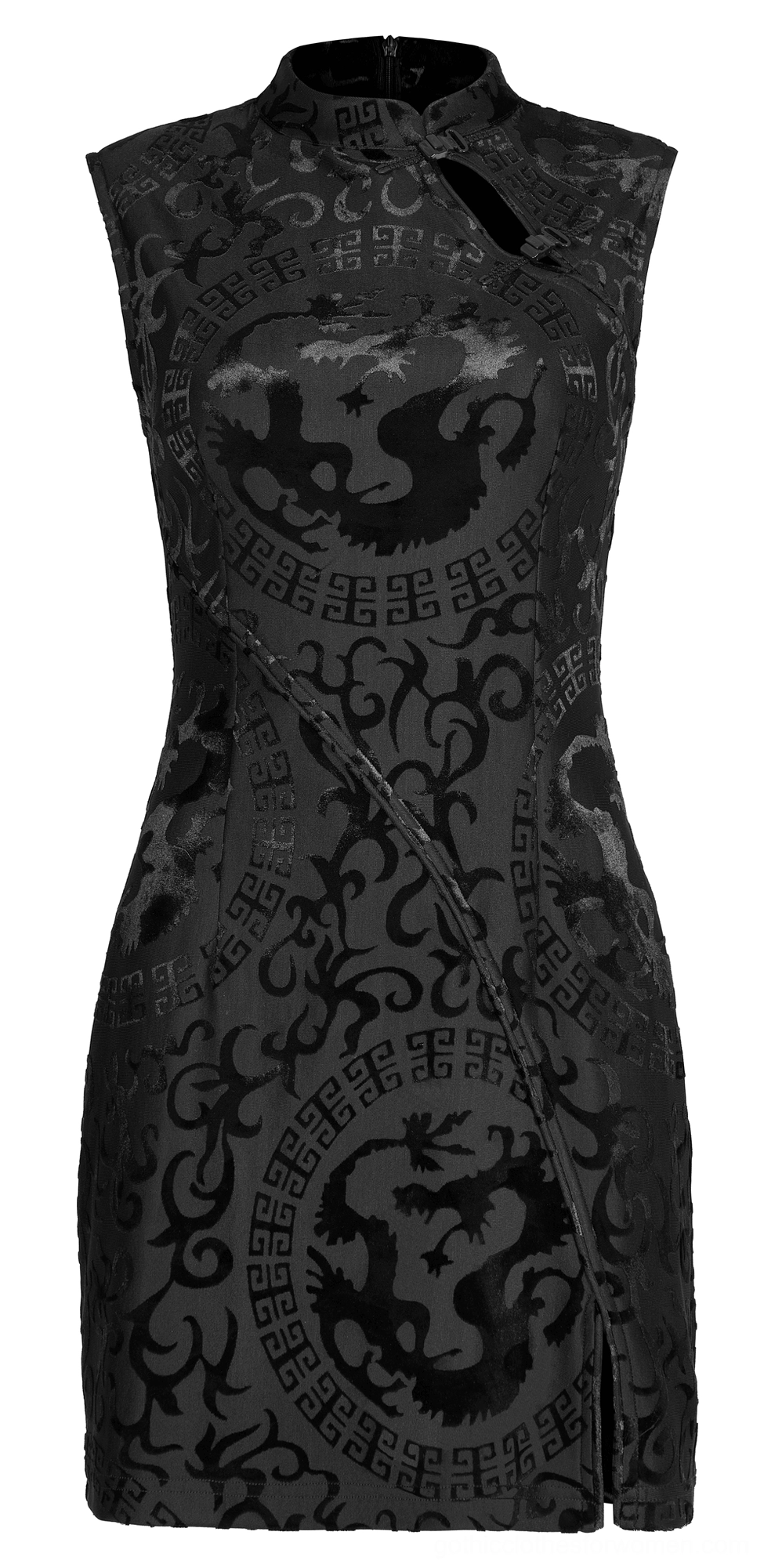 Black dragon velvet dress front flat view stand collar zippers detailed shot