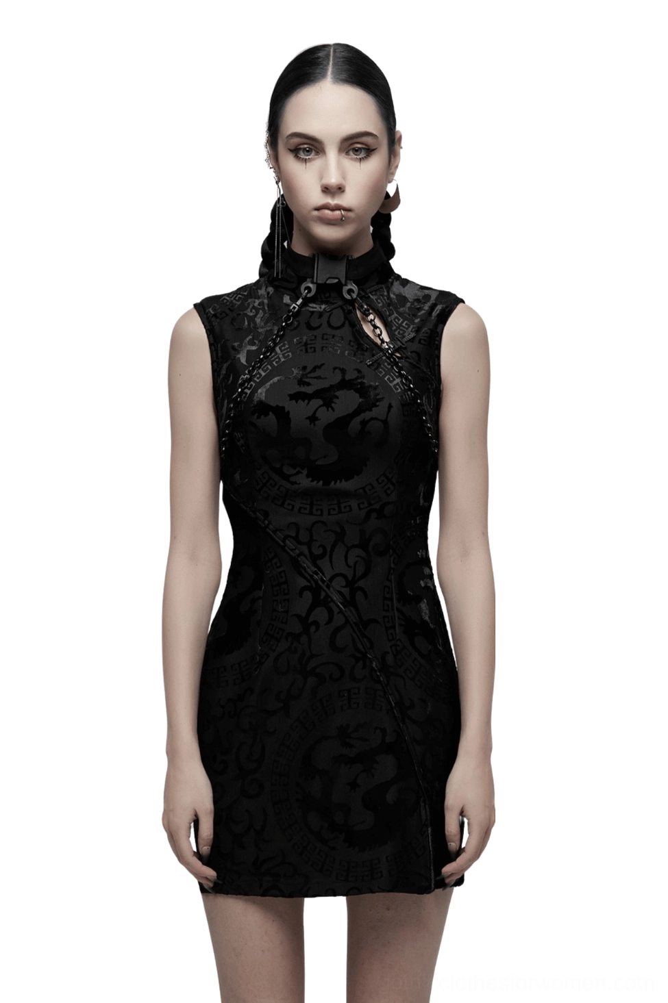 Black dragon velvet gothic mini dress front full-body view sleeveless A-line
