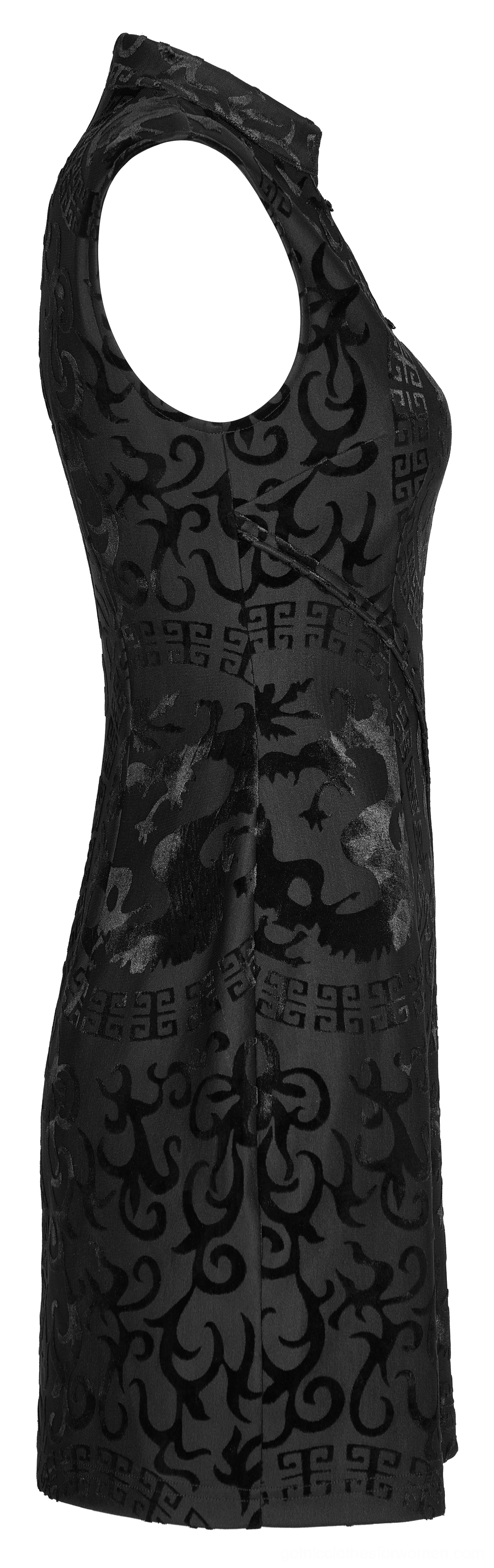 Black dragon velvet gothic dress side profile sleeveless fitted bodice display