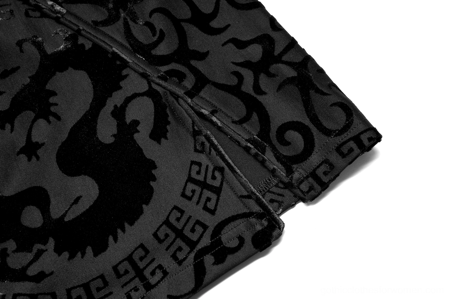 Black dragon velvet dress side slit and metal zipper close-up gothic detail