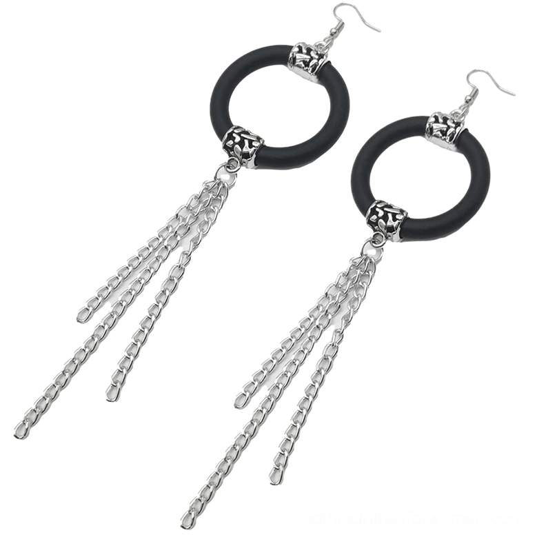 Pair of long black rubber drop earrings with double-strand silver chain tassels, overhead flat lay, 18cm total length