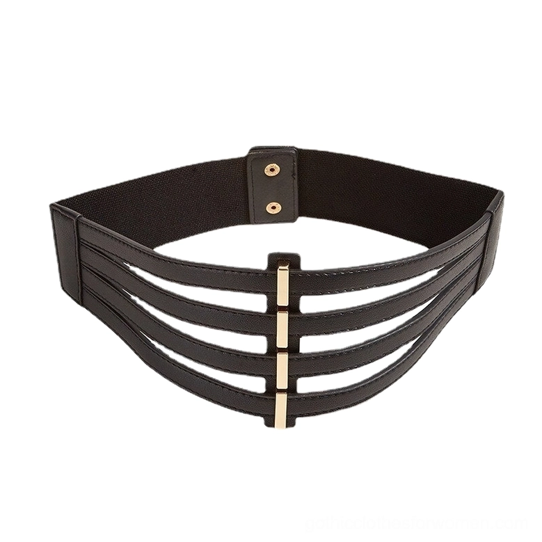 Black wide elastic corset belt front view with multi-strap design and central gold rectangular buckle fastener