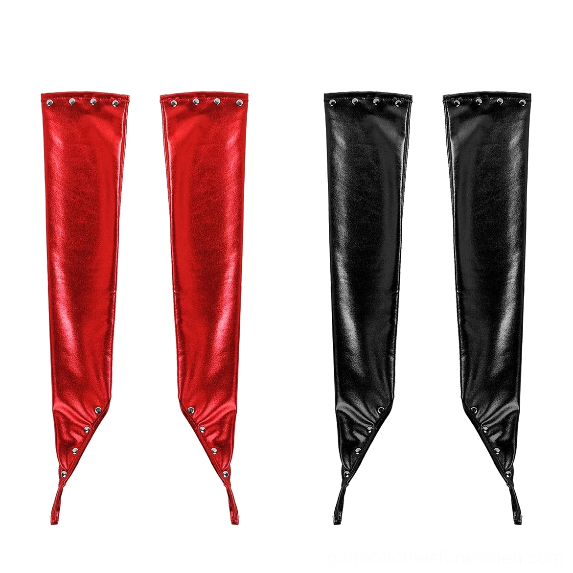 Black PU leather long fingerless gloves elbow-length with metal rivets and cuff detail