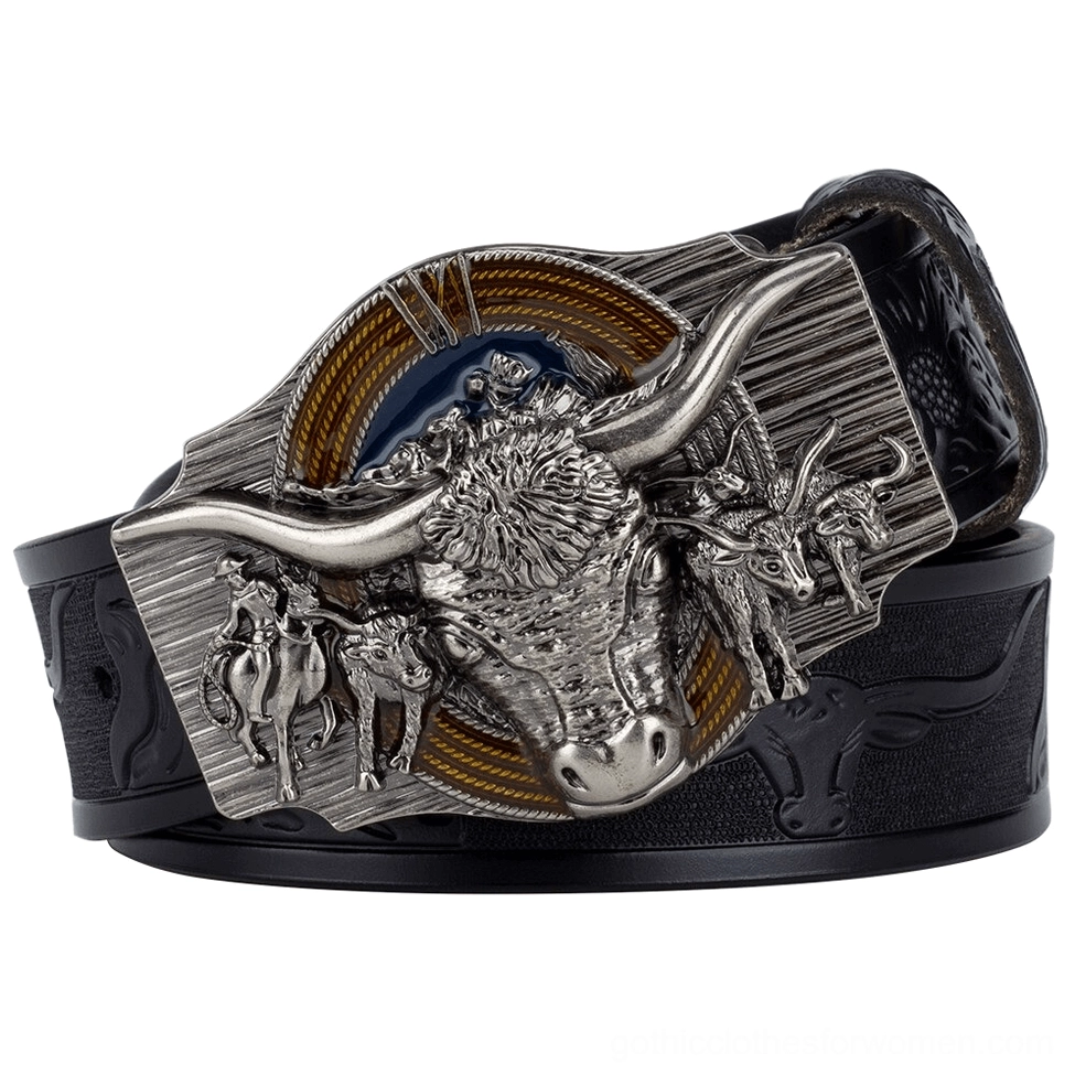 Black embossed gothic bull head leather belt with silver occult buckle, three-quarter front view, vintage alternative accessory