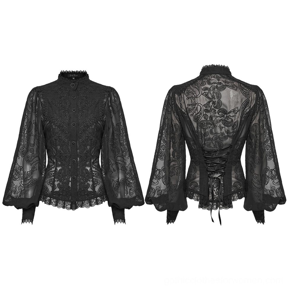 Black embroidered gothic chiffon blouse flat lay - front and back view showcase