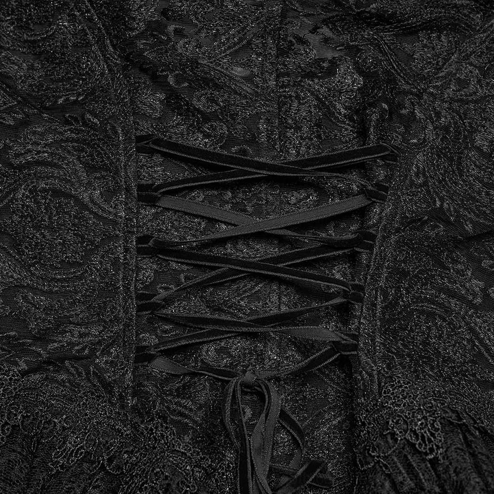 Black embroidered gothic waistcoat with tassel chains displayed flat showing overall silhouette and lace details