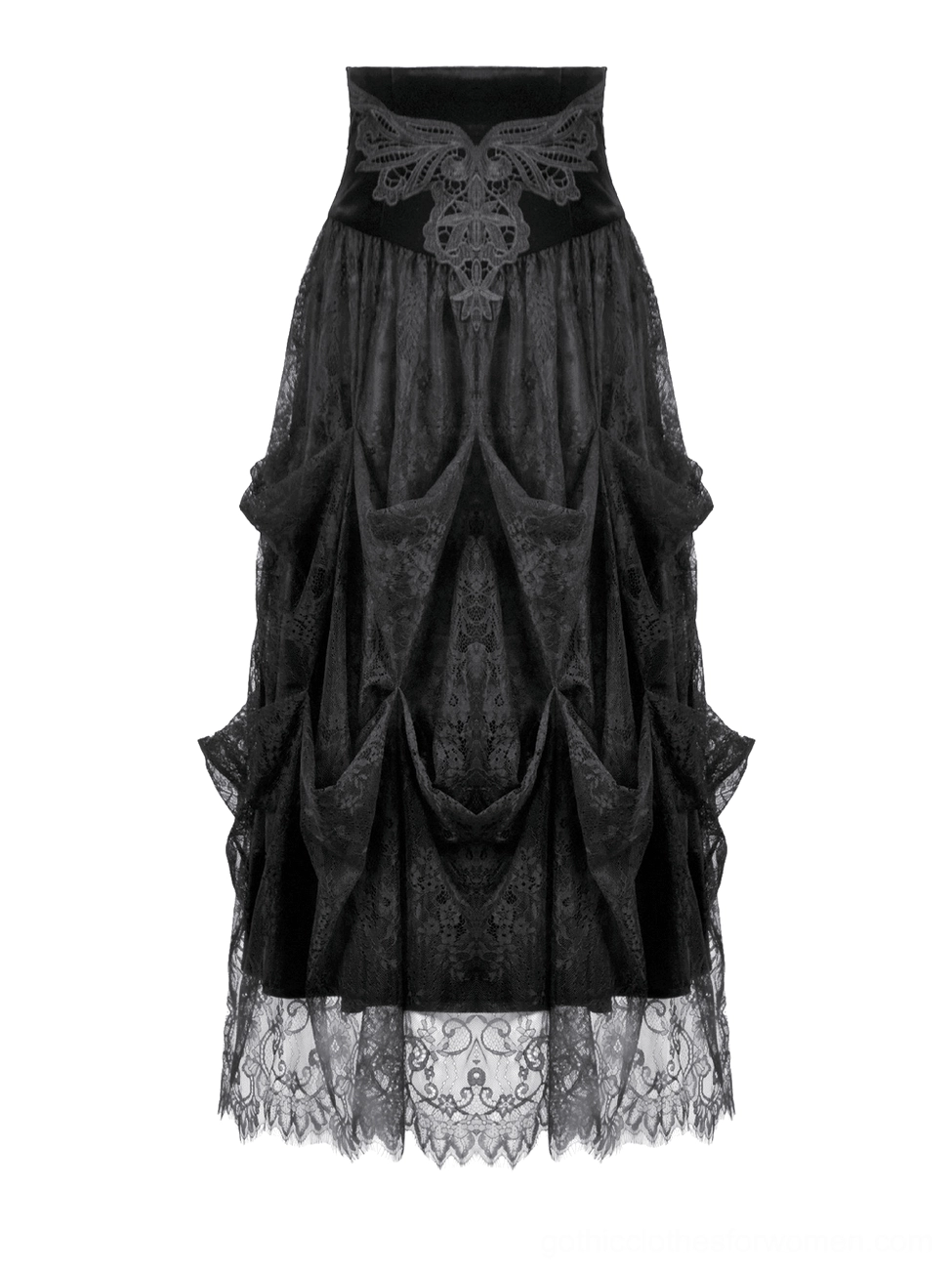 Black embroidered lace maxi skirt flat lay display featuring butterfly embroidery waistband and draped lace panels