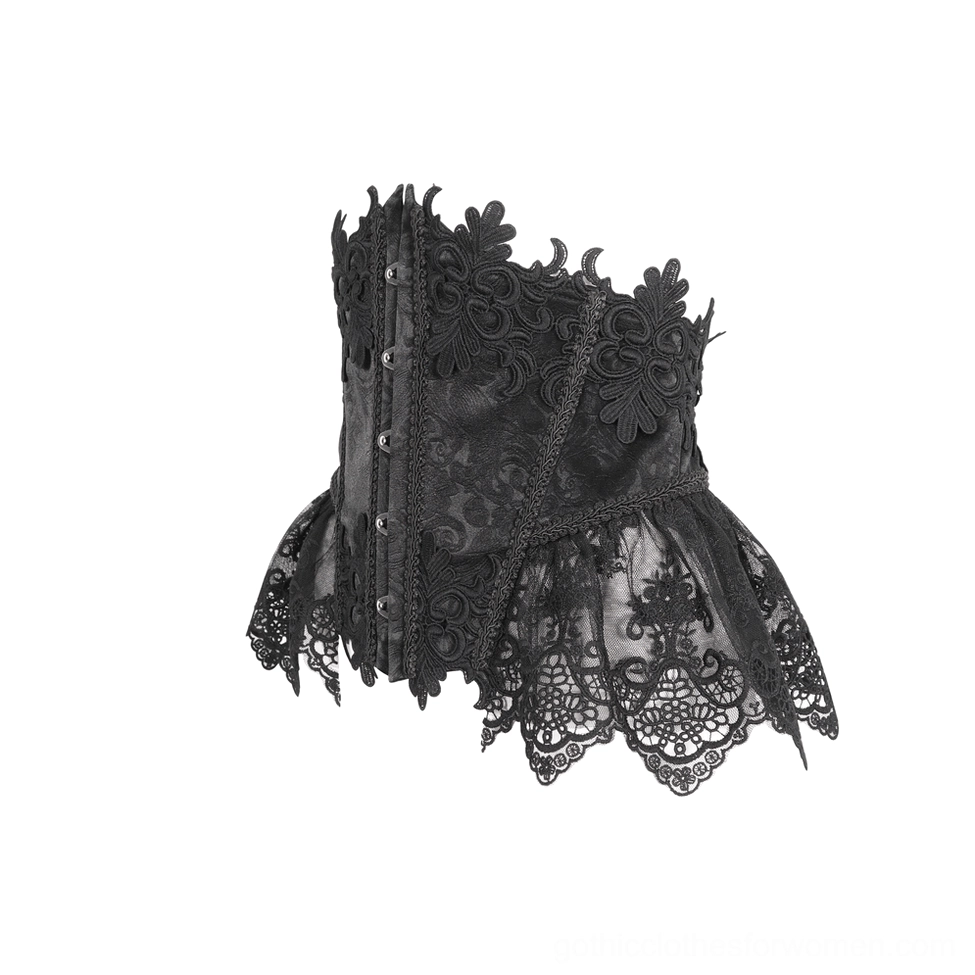 Side view flat lay of black underbust embroidered lace corset displaying sheer mesh base with floral lace applique layers