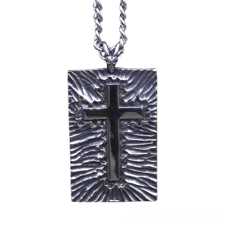 Black Enamel Cross Pendant with Radial Striped Texture - Silver-Tone Stainless Steel Gothic Necklace