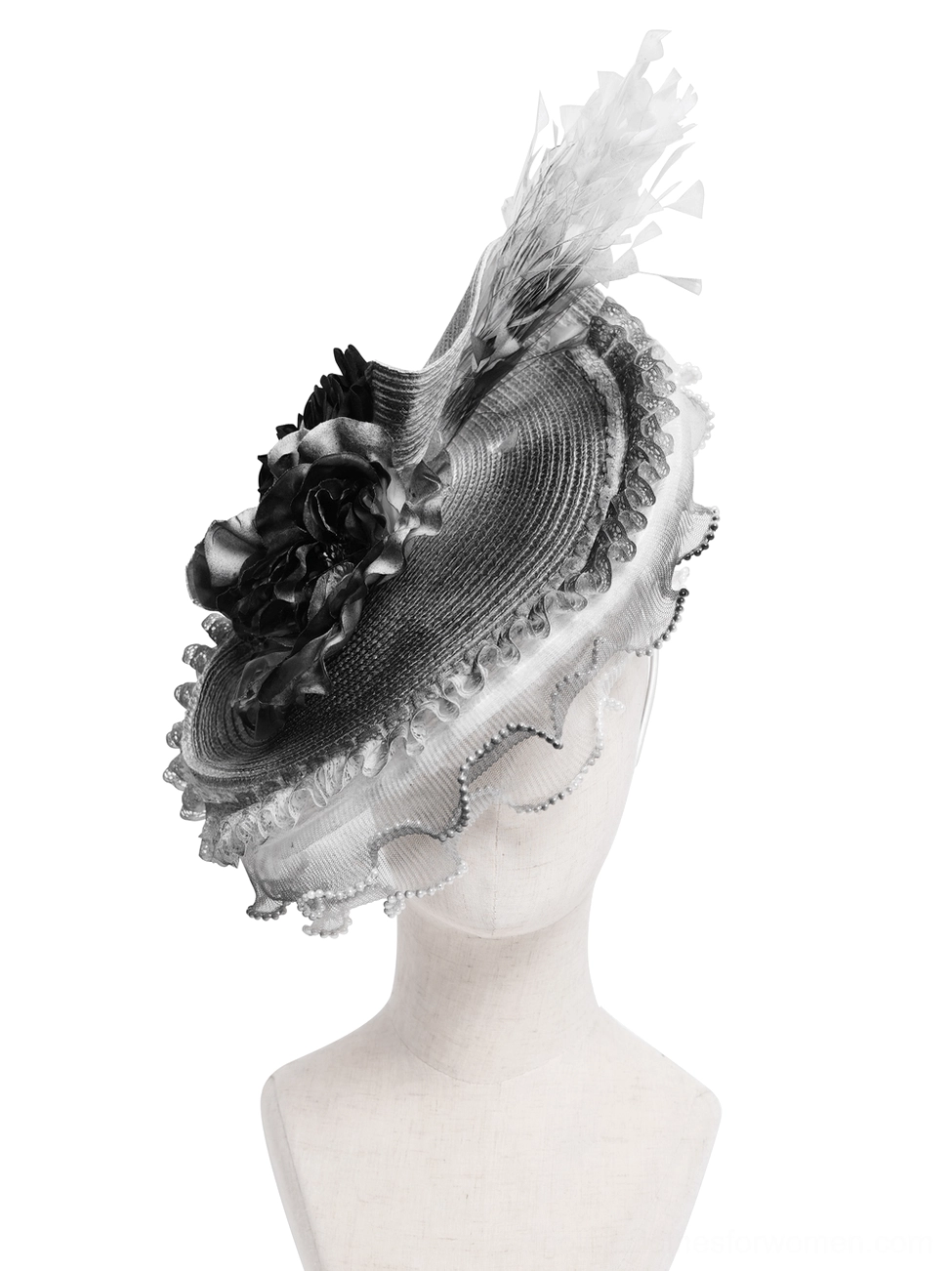 Black floral gothic fascinator hat on mannequin head front three-quarter view with curved brim design