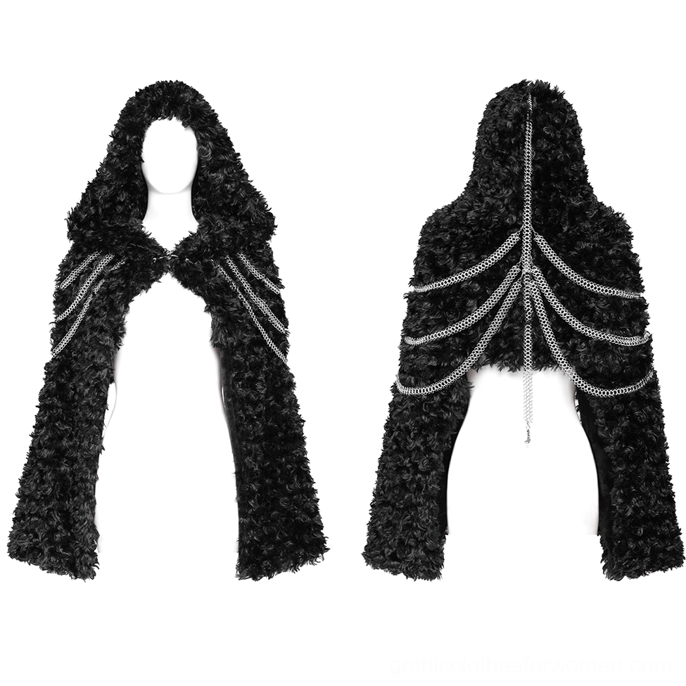 Black faux fur hooded cape with shoulder chain details on mannequin, front view