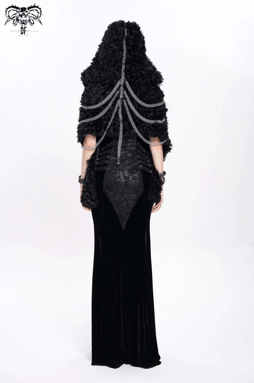 Black faux fur hooded cape with silver chain accents, dark elegance design