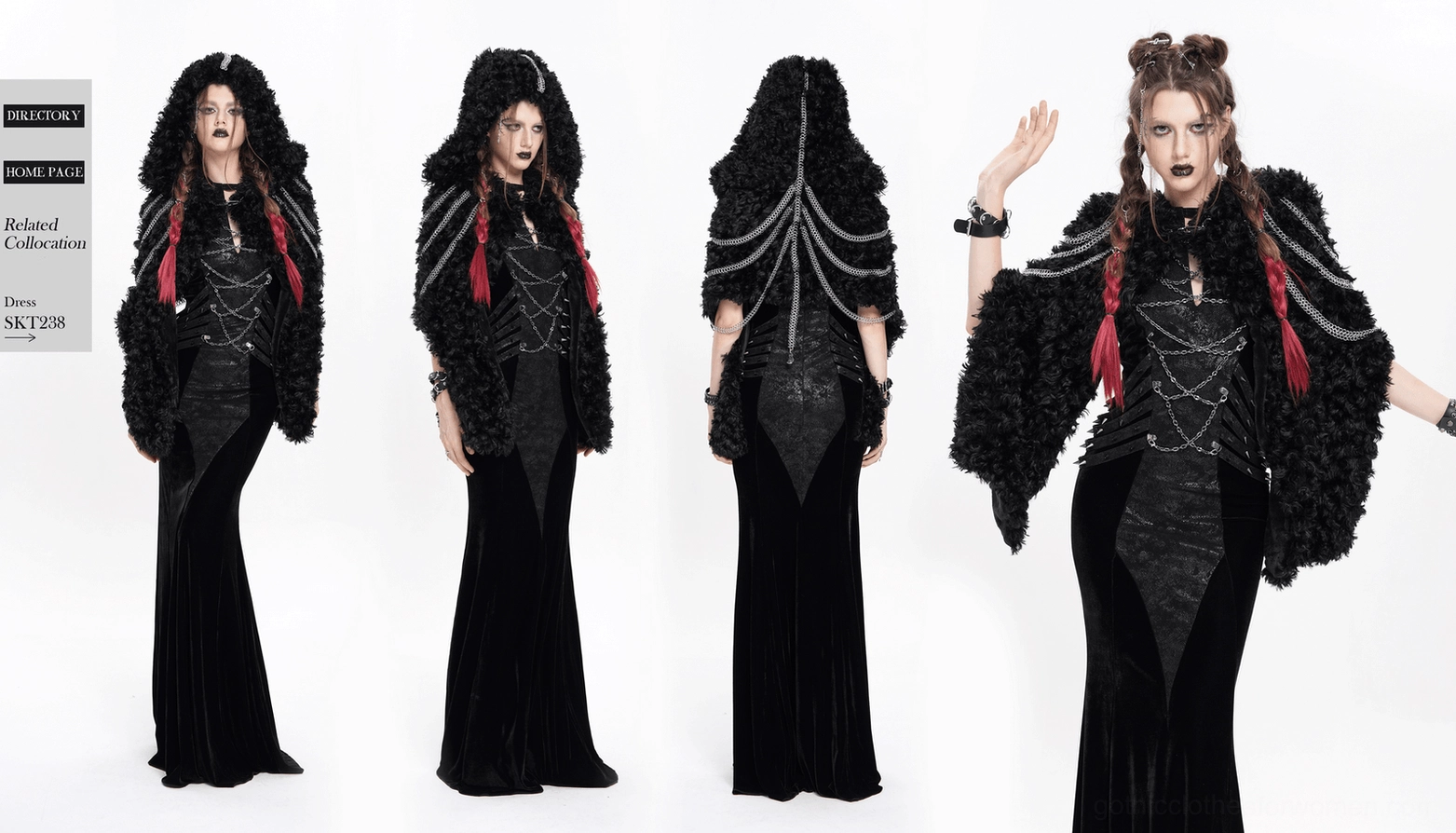 Black faux fur gothic cape with hood and chains, complete product view