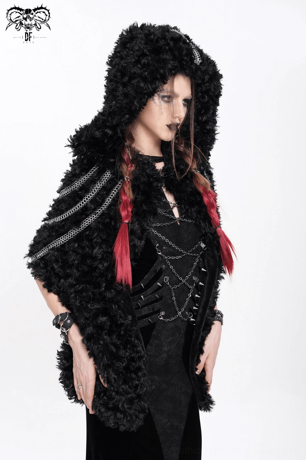 Black faux fur gothic hooded cape, product display view with chain details