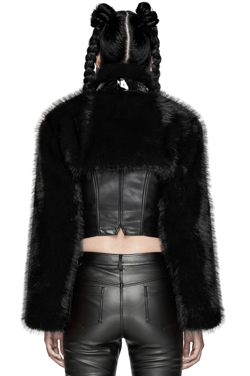 Black faux fur cropped gothic jacket rear view showing high neck stand collar and cropped waist length hemline on female model