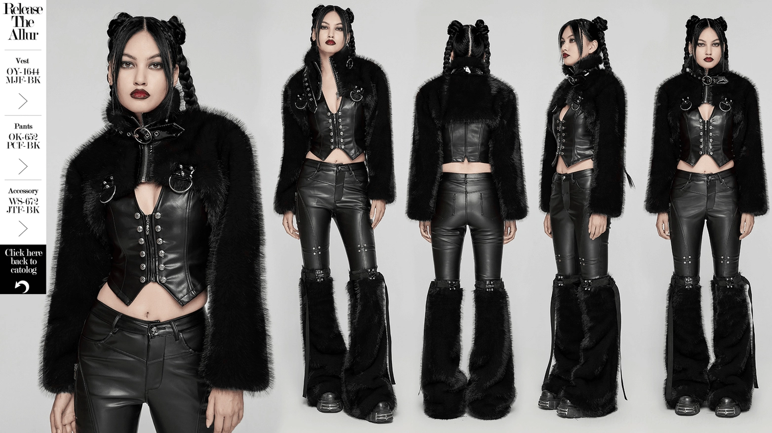 Black faux fur gothic jacket alternative view showing overall silhouette, proportions, and cropped length on mannequin