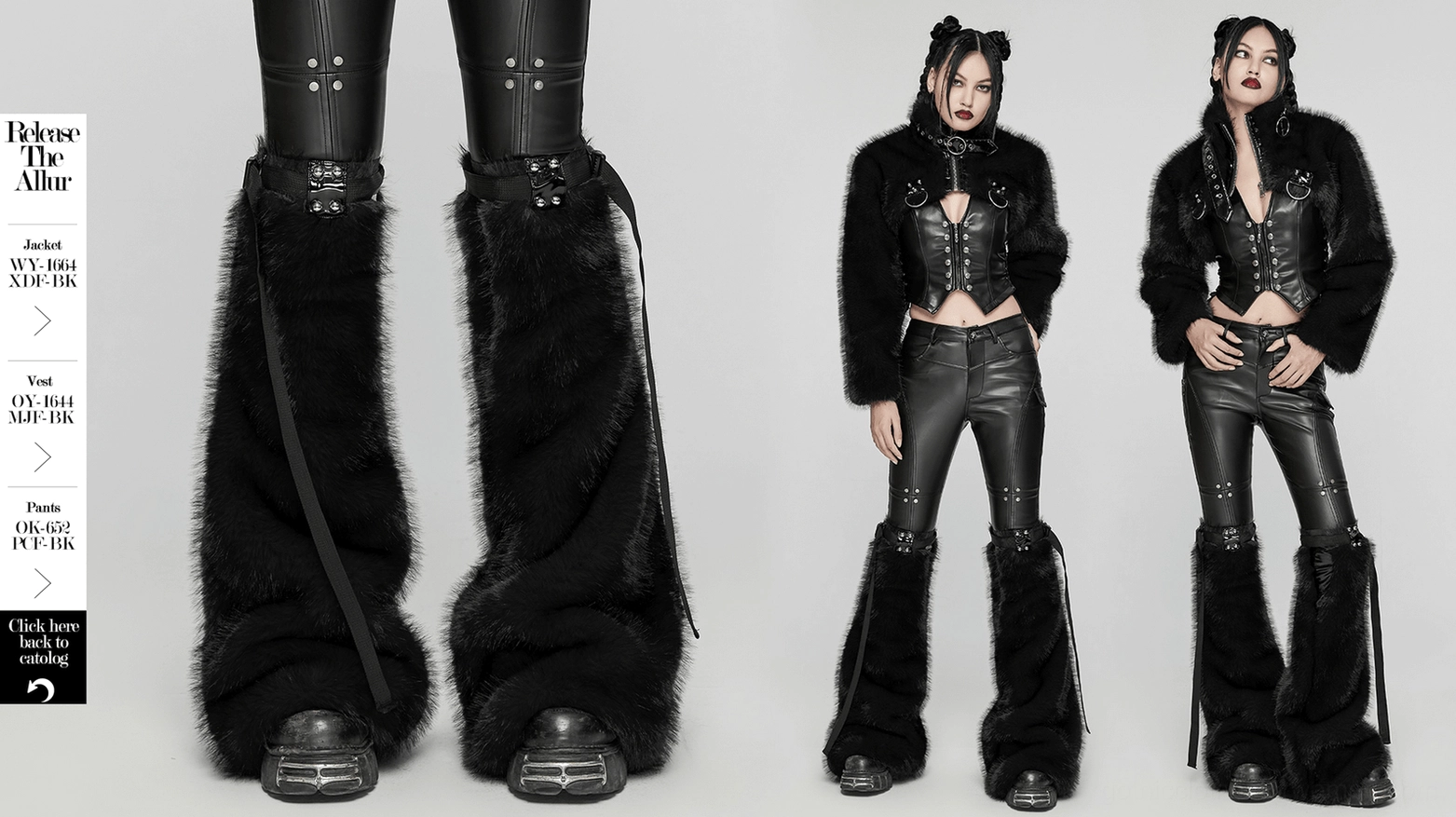 Black faux fur gothic leg warmers product hero image featuring complete pair with patent leather buckles, rivet details, and premium fur texture