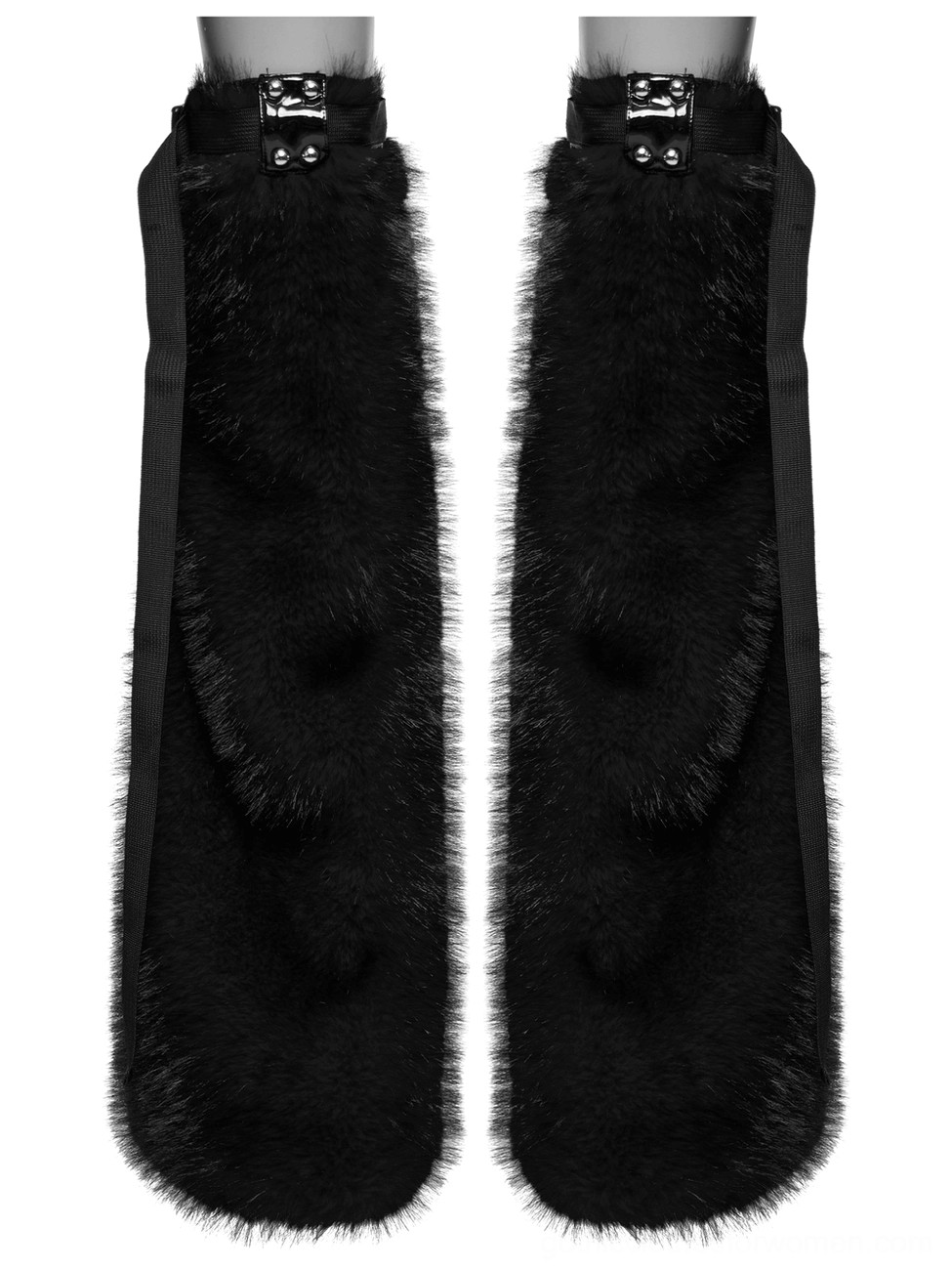 Single pair of black faux fur gothic leg warmers showcasing adjustable side strap and rivet buckle top closure in flat lay presentation