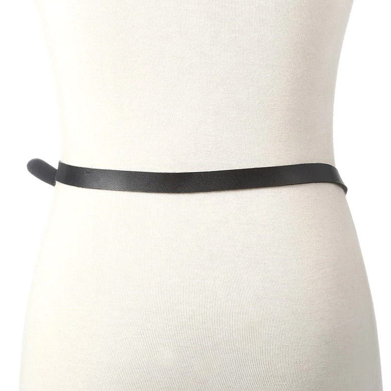Plain black faux leather waist belt segment on mannequin side view, showing solid leather strap without chain decoration