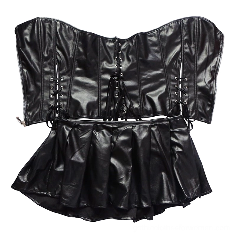 Black faux leather gothic corset dress with sweetheart bustier neckline and adjustable side closure