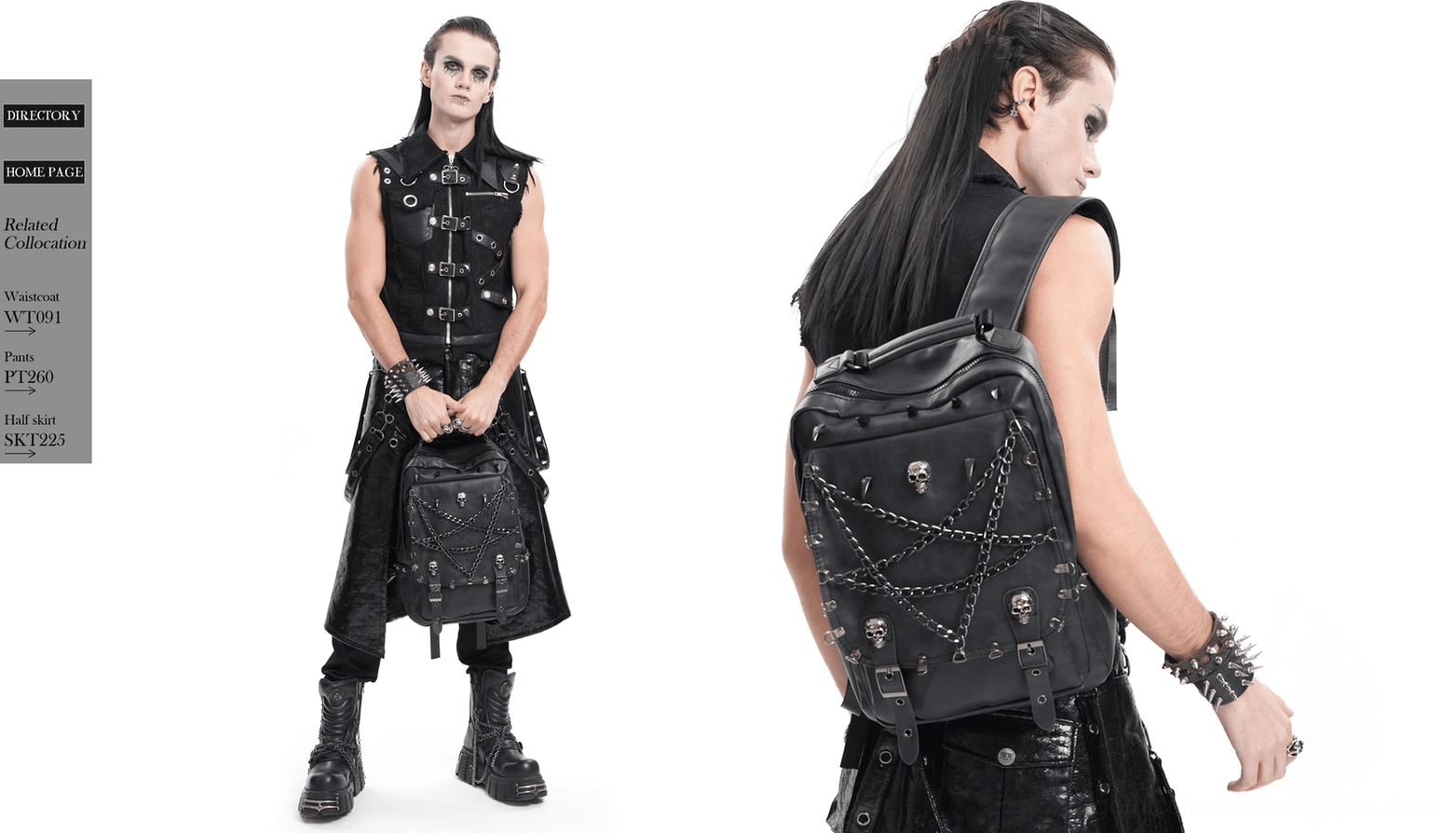 Black faux leather gothic backpack with pentagram chain details and skull hardware, alternative fashion style
