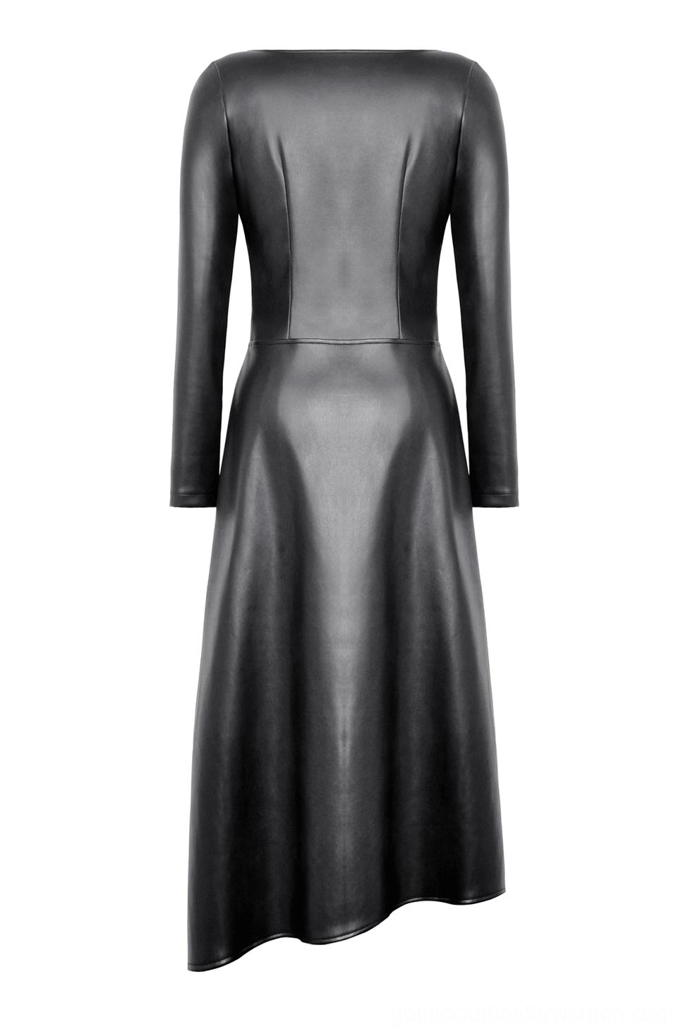 Flat lay back view of black faux leather gothic maxi dress showing fitted silhouette